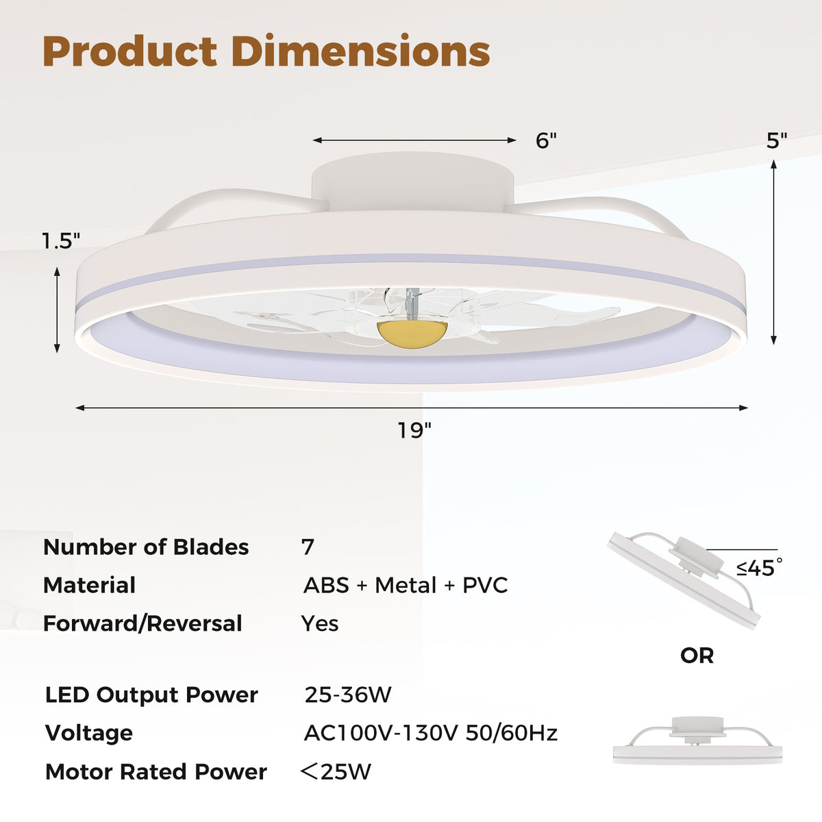 19 Inch Low Profile Ceiling Fan with Dimmable 3000-6500K LED Light - White