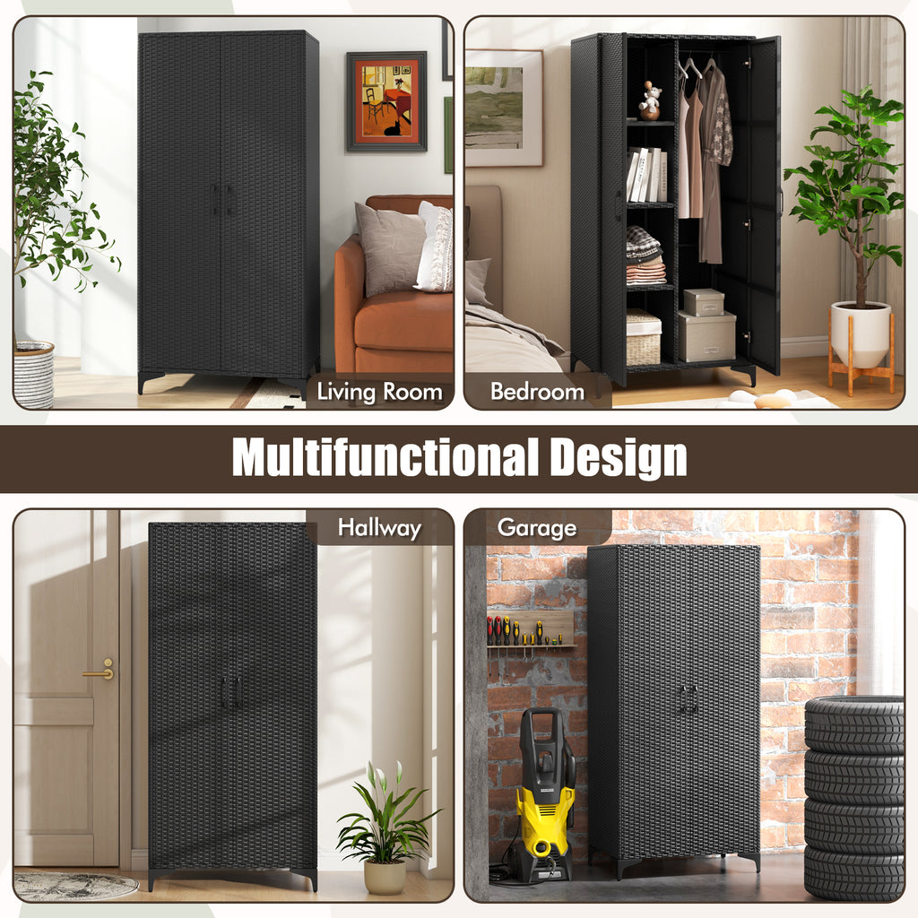 62 Inch PE Rattan Wardrobe with Hanging Rod - Black