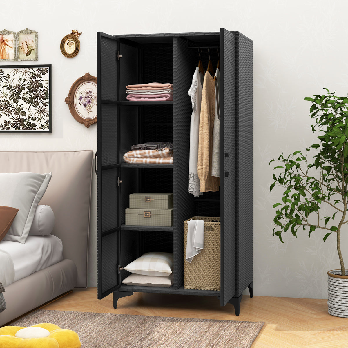 62 Inch PE Rattan Wardrobe with Hanging Rod - Black