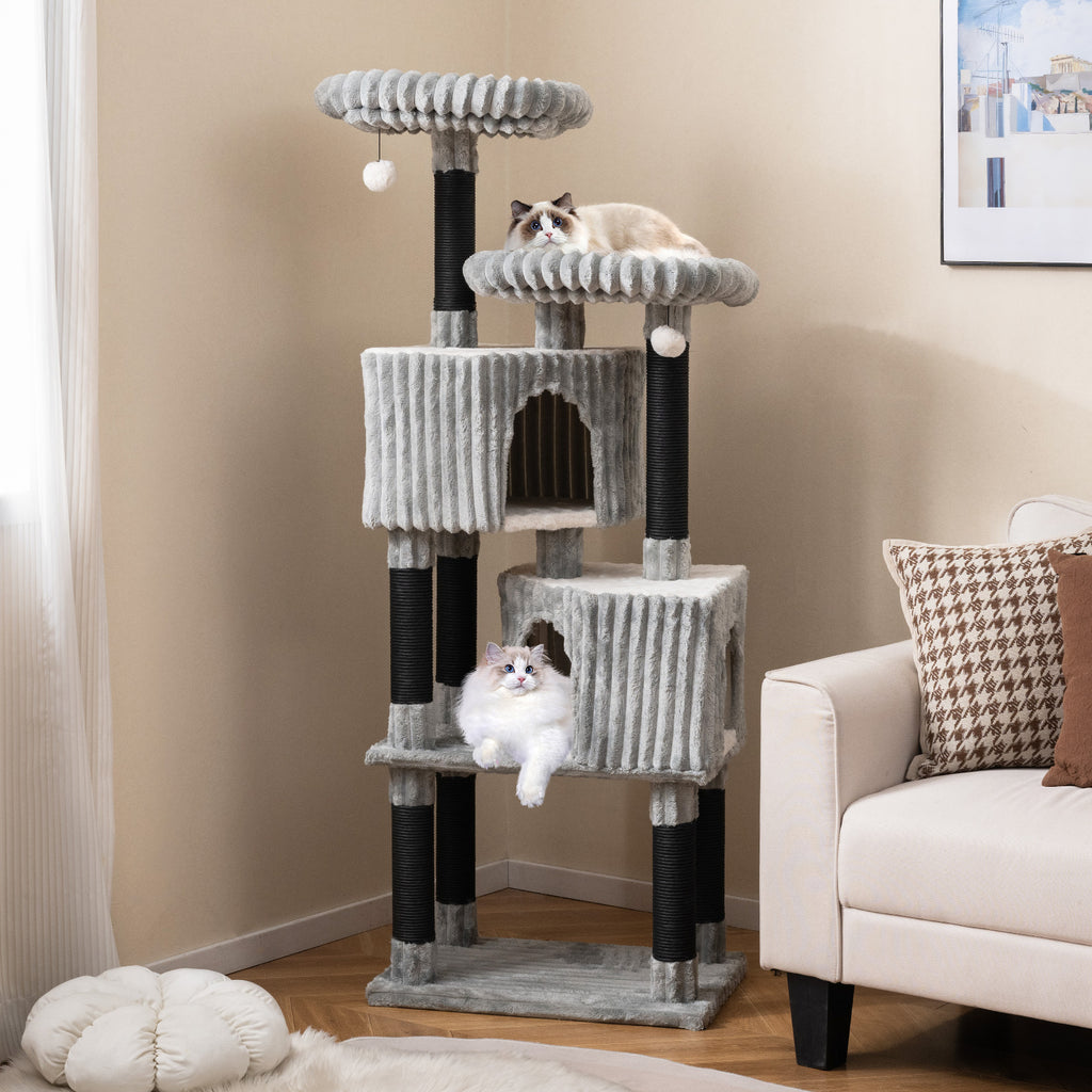 62 Inch Tall Cat Tower with Scratching Posts and Flannel Cover - Light Gray