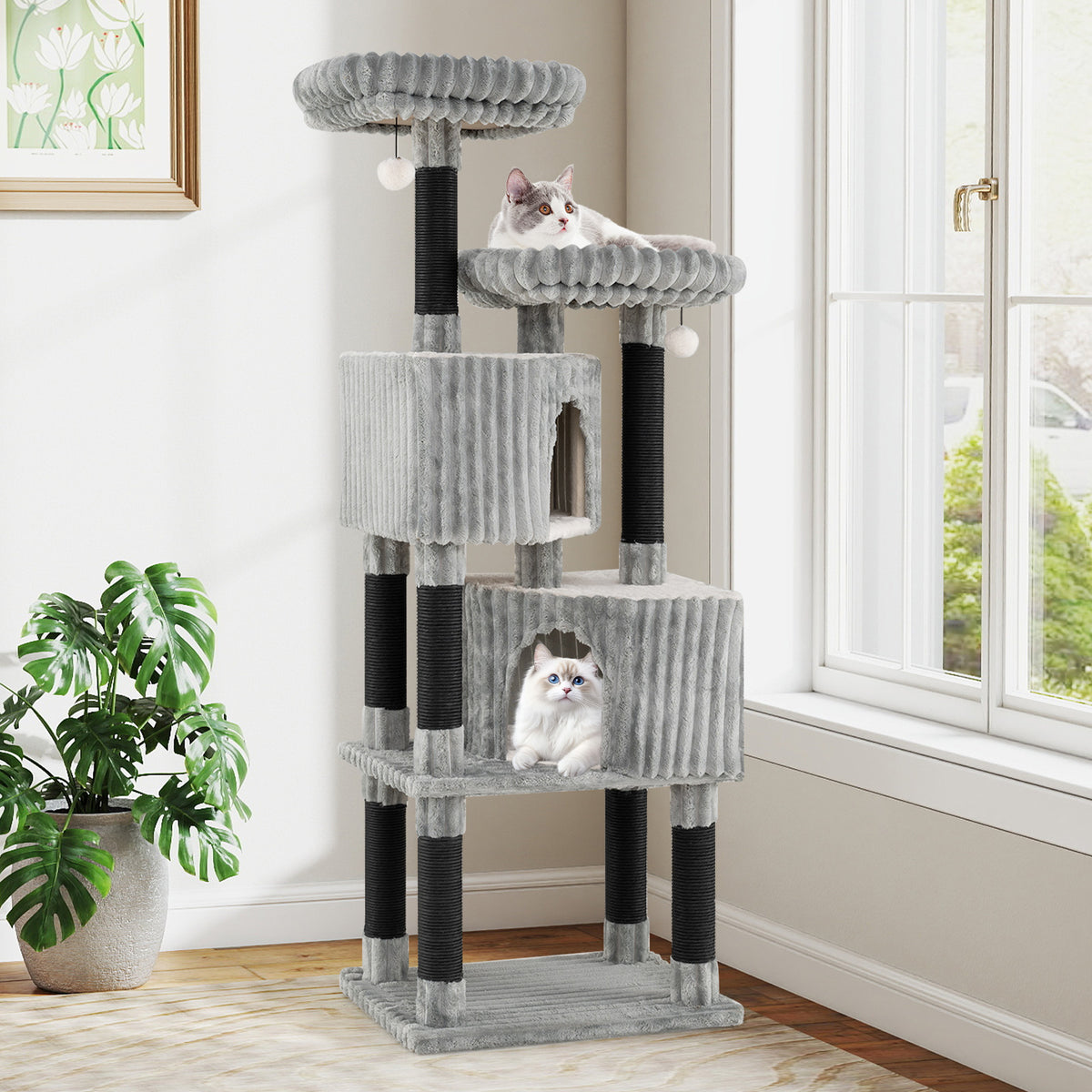 62 Inch Tall Cat Tower with Scratching Posts and Flannel Cover - Light Gray
