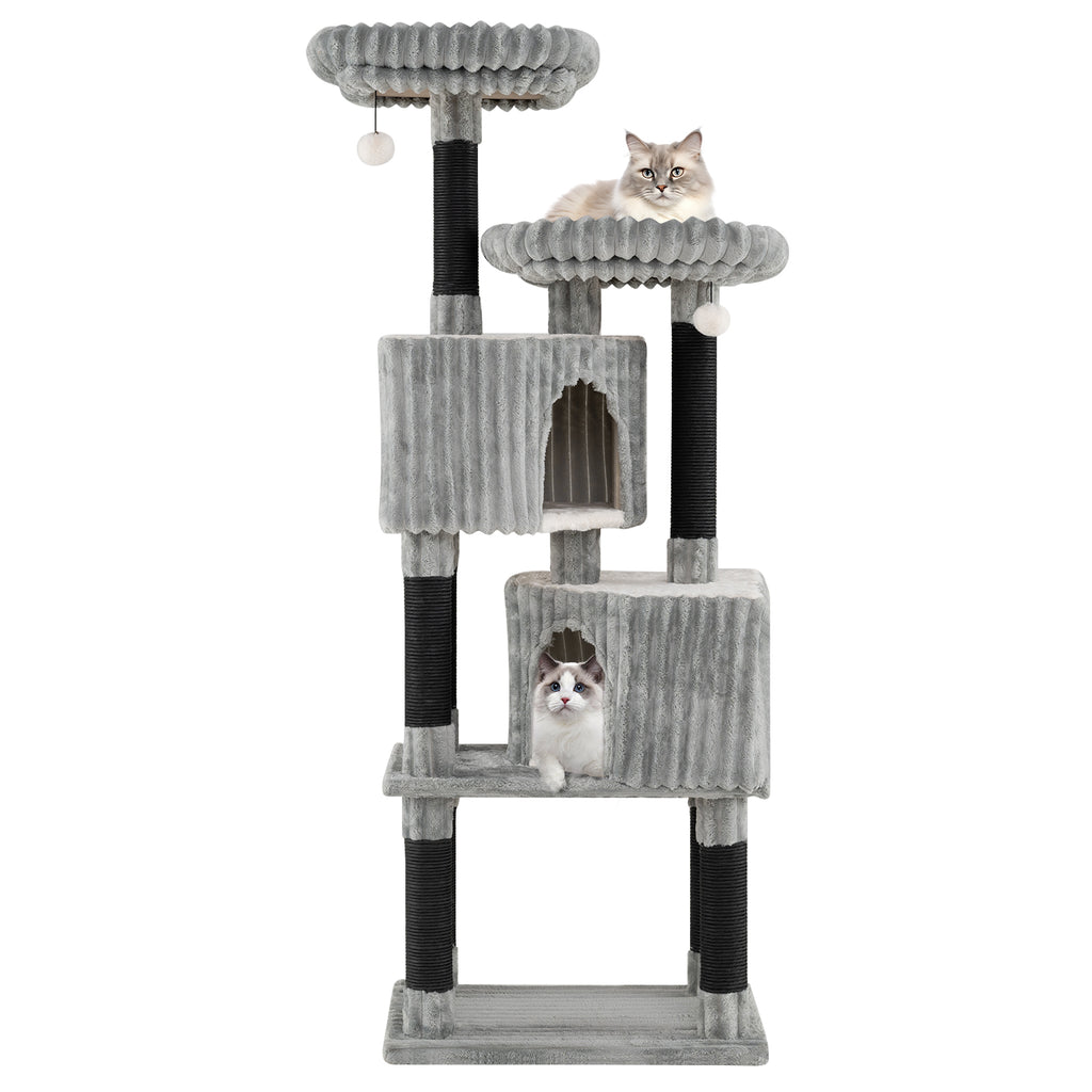 62 Inch Tall Cat Tower with Scratching Posts and Flannel Cover - Light Gray