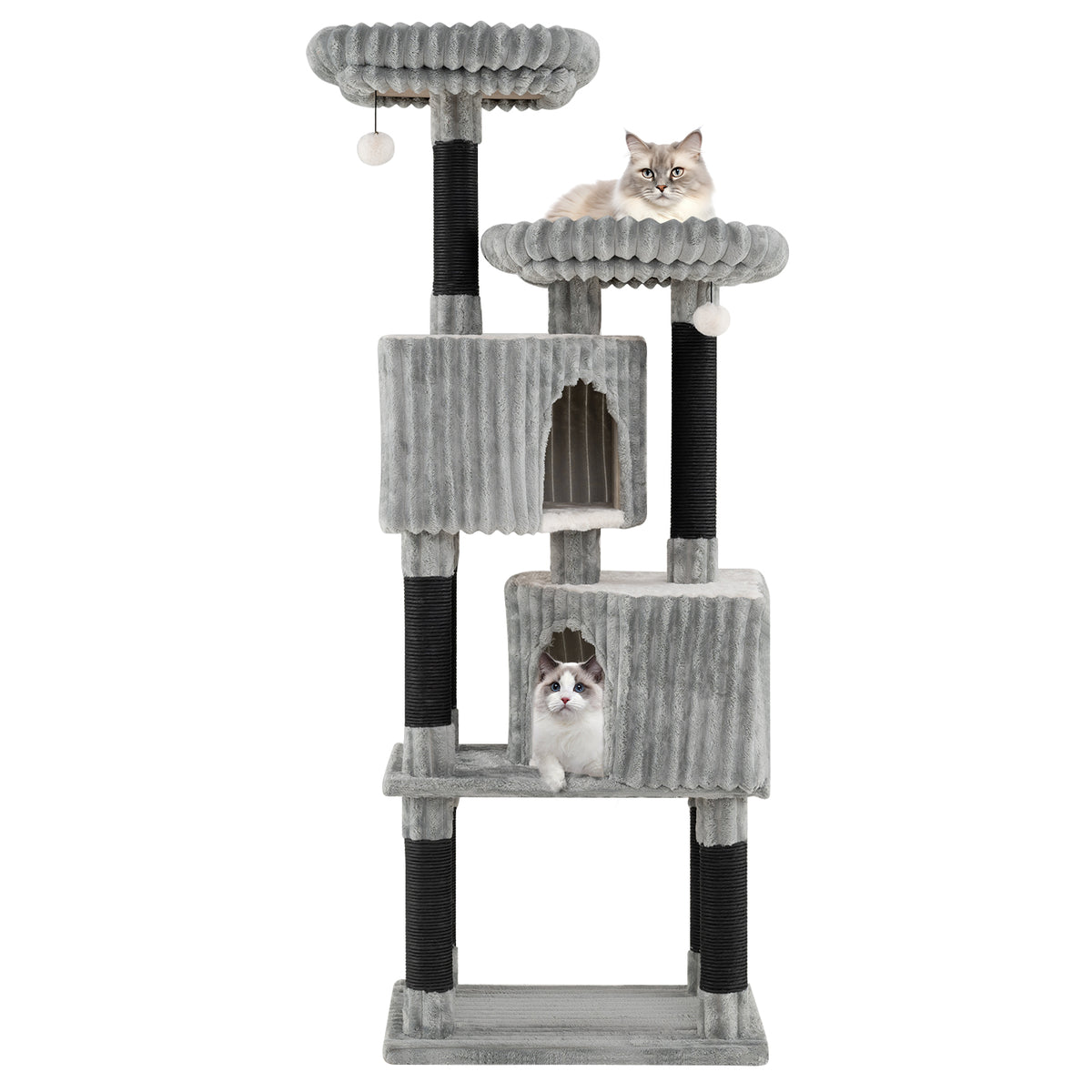 62 Inch Tall Cat Tower with Scratching Posts and Flannel Cover - Light Gray