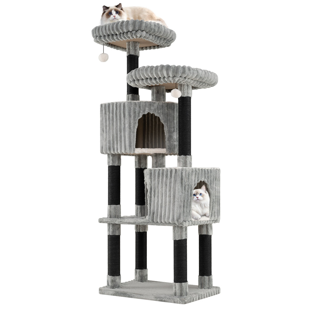 62 Inch Tall Cat Tower with Scratching Posts and Flannel Cover - Light Gray