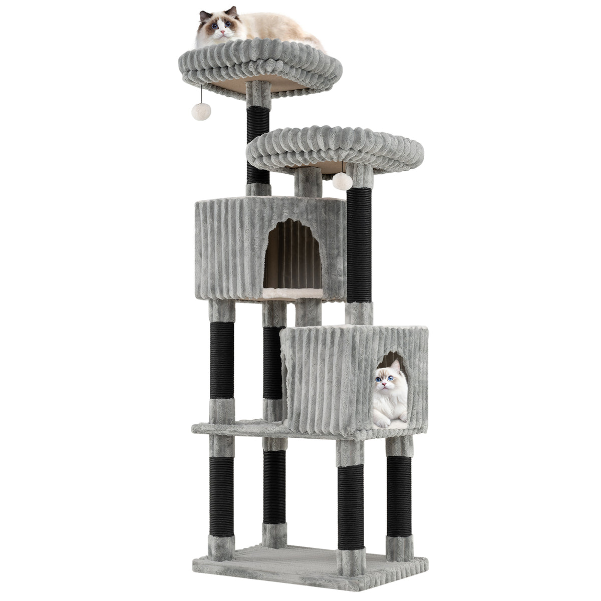 62 Inch Tall Cat Tower with Scratching Posts and Flannel Cover - Light Gray
