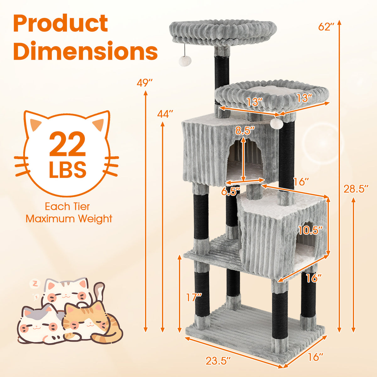 62 Inch Tall Cat Tower with Scratching Posts and Flannel Cover - Light Gray