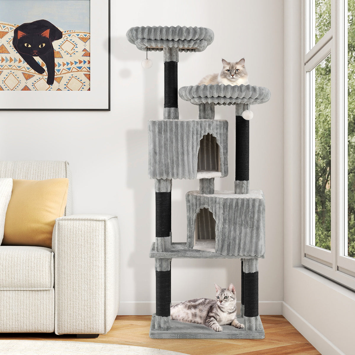 62 Inch Tall Cat Tower with Scratching Posts and Flannel Cover - Light Gray
