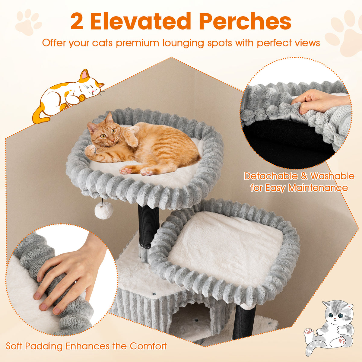62 Inch Tall Cat Tower with Scratching Posts and Flannel Cover - Light Gray