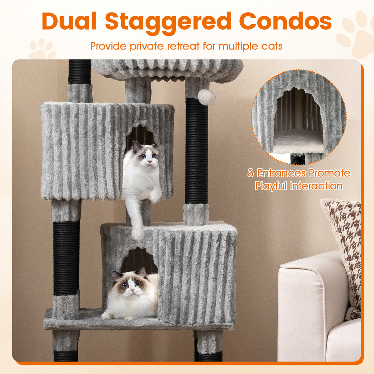 62 Inch Tall Cat Tower with Scratching Posts and Flannel Cover - Light Gray