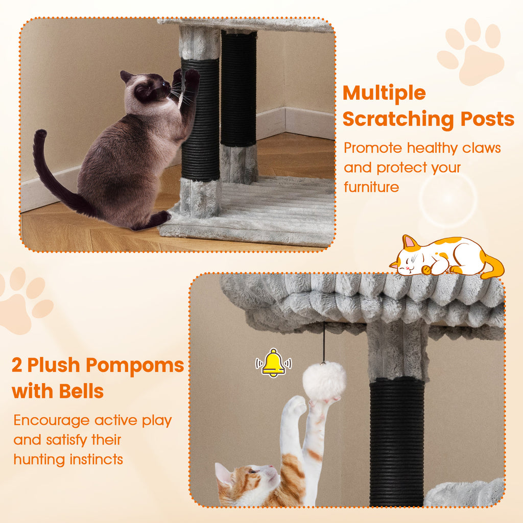 62 Inch Tall Cat Tower with Scratching Posts and Flannel Cover - Light Gray