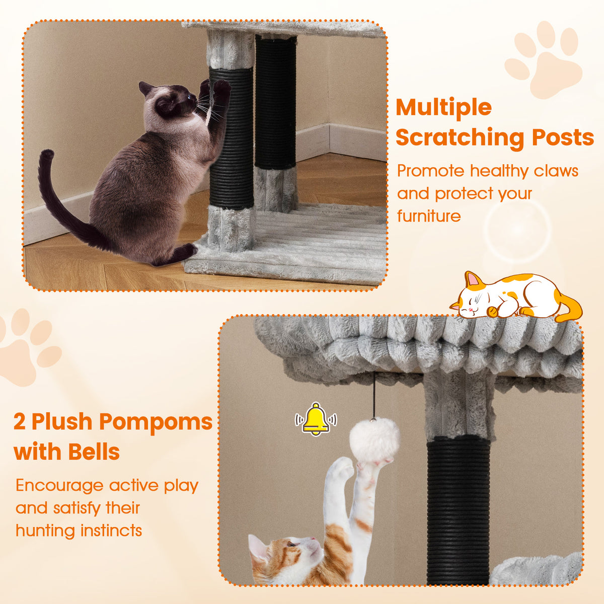 62 Inch Tall Cat Tower with Scratching Posts and Flannel Cover - Light Gray