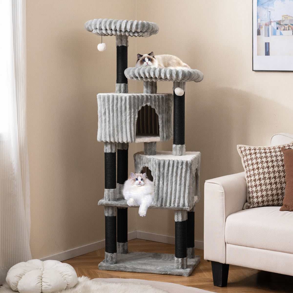 62 Inch Tall Cat Tower with Scratching Posts and Flannel Cover - Light Gray