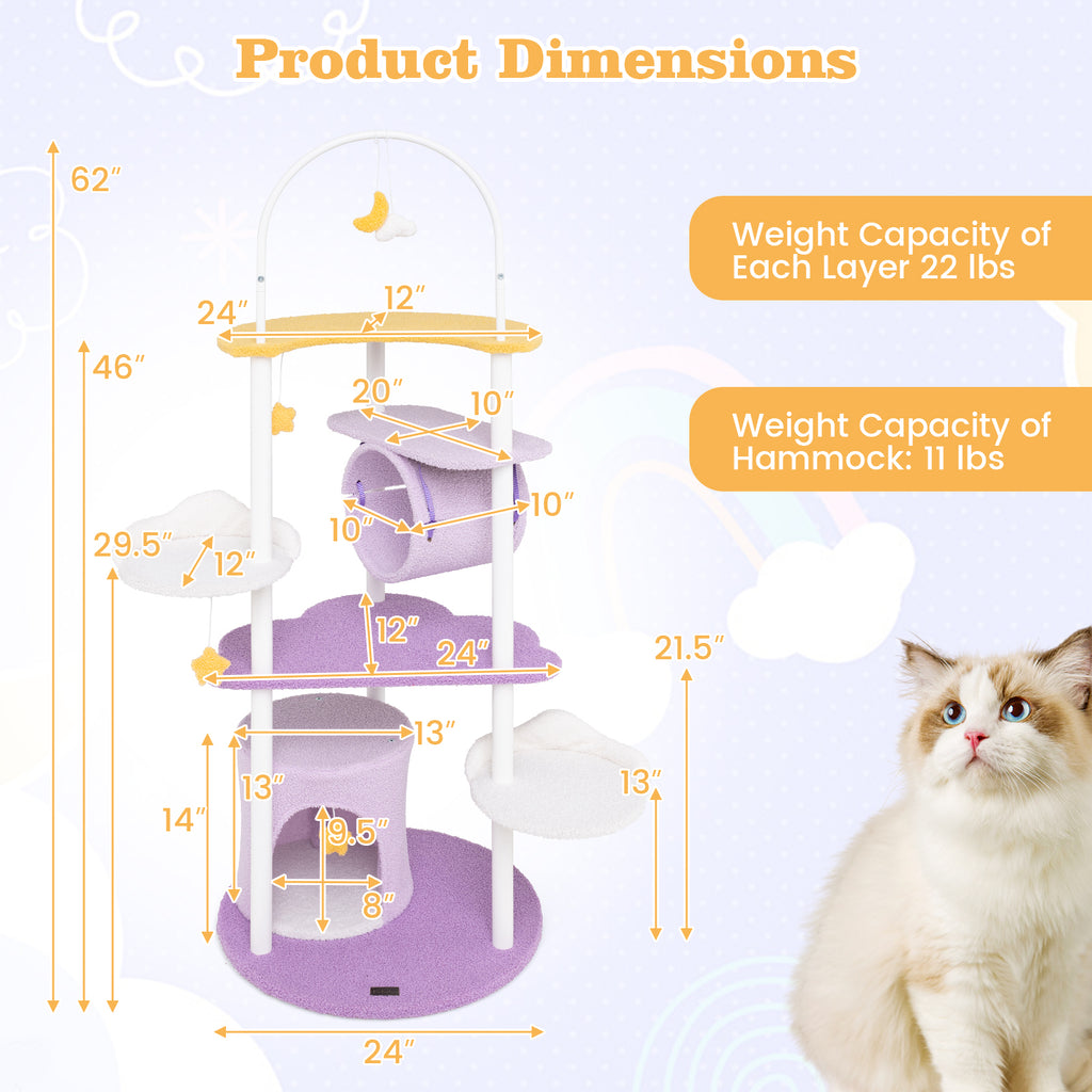 Large Cat Tower 62-Inch with Metal Frame & Jumping Platforms - Purple Variation