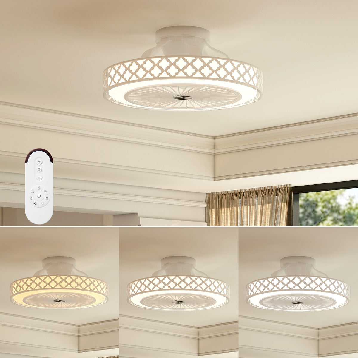 White 19-Inch Ceiling Fan with Light Low Profile Flush Mount – Adjustable Brightness & Quiet Motor
