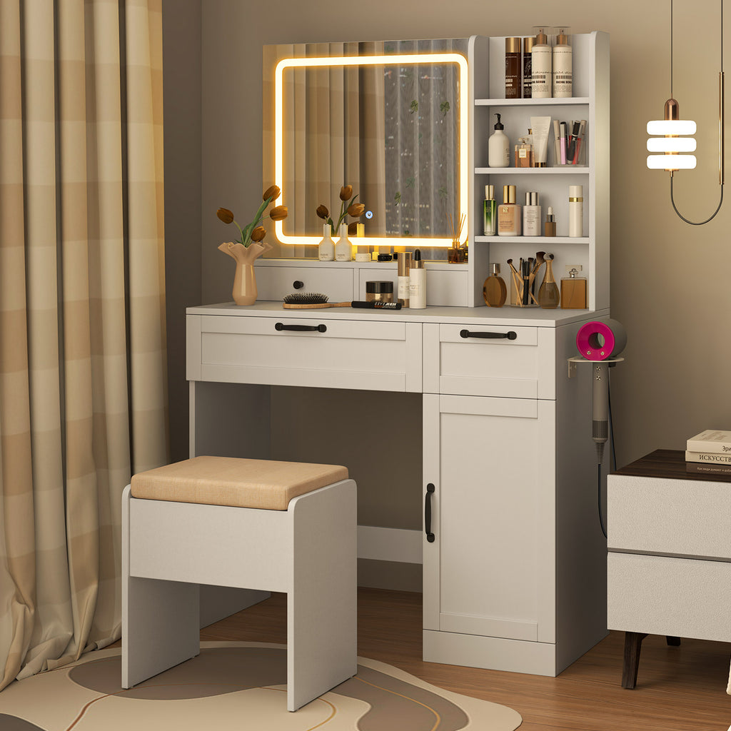 Makeup Vanity Set with Mirror, 3-Color Lighting & Stool – White