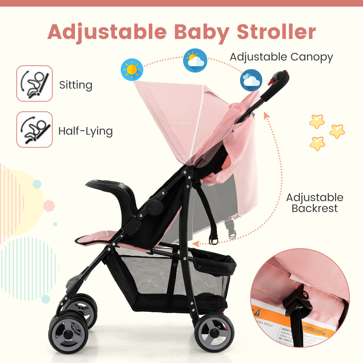Toddler Compact Travel Stroller with Canopy & 2-Position Backrest - Pink