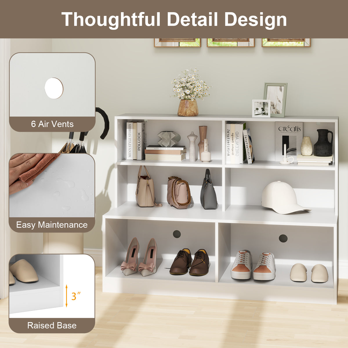 Entryway Shoe Cabinet with Bench Seat & Anti-Tipping Kits - White