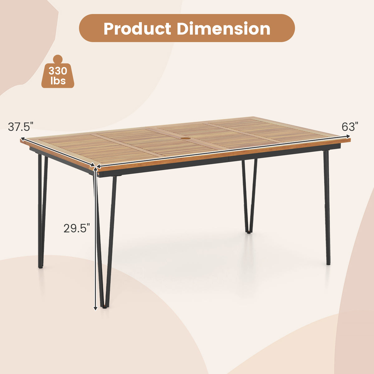 63 Inch Rectangular Outdoor Dining Table for 6 People with Acacia