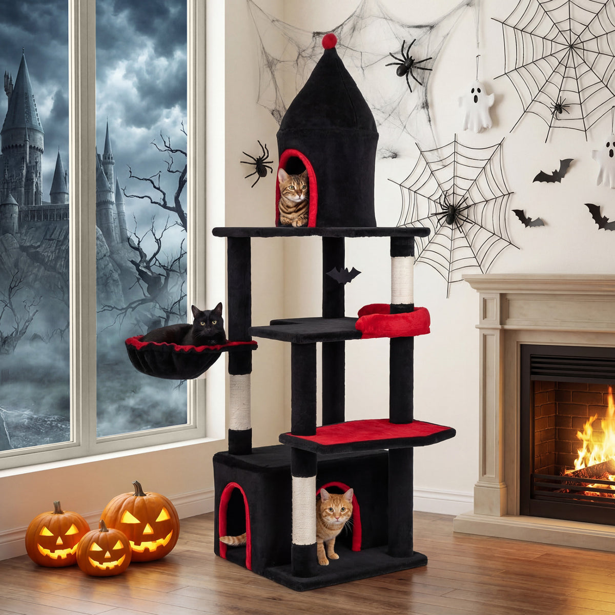 Black 63-Inch Gothic Cat Tree with Condo and Top Cave for Large Cats