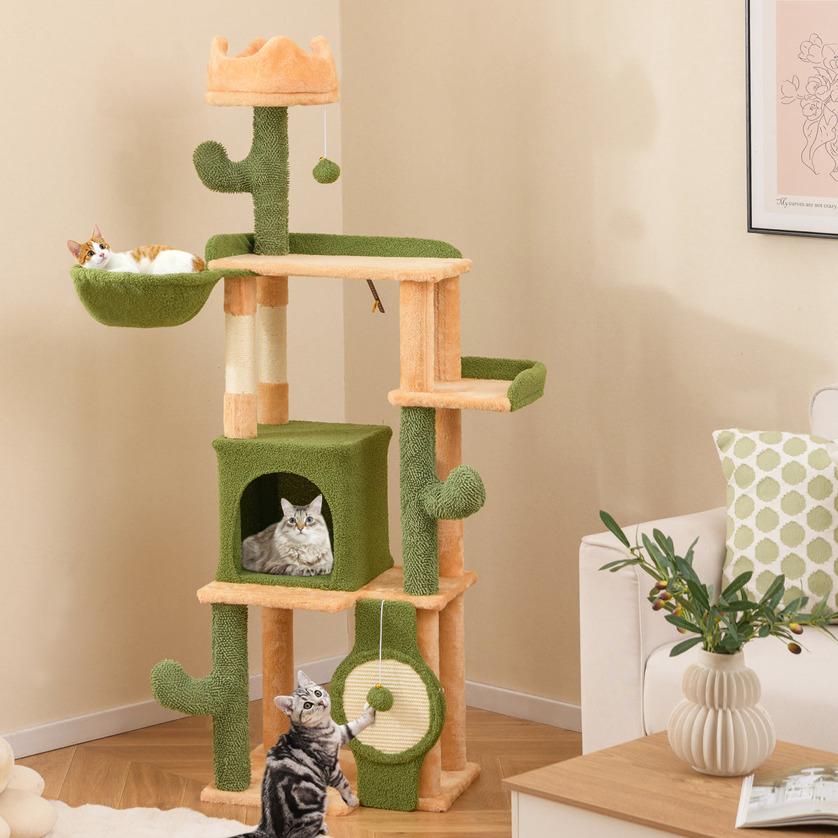 63 Inch Cactus Cat Tree with Sisal Posts & Perches for Indoor Cats - Costway