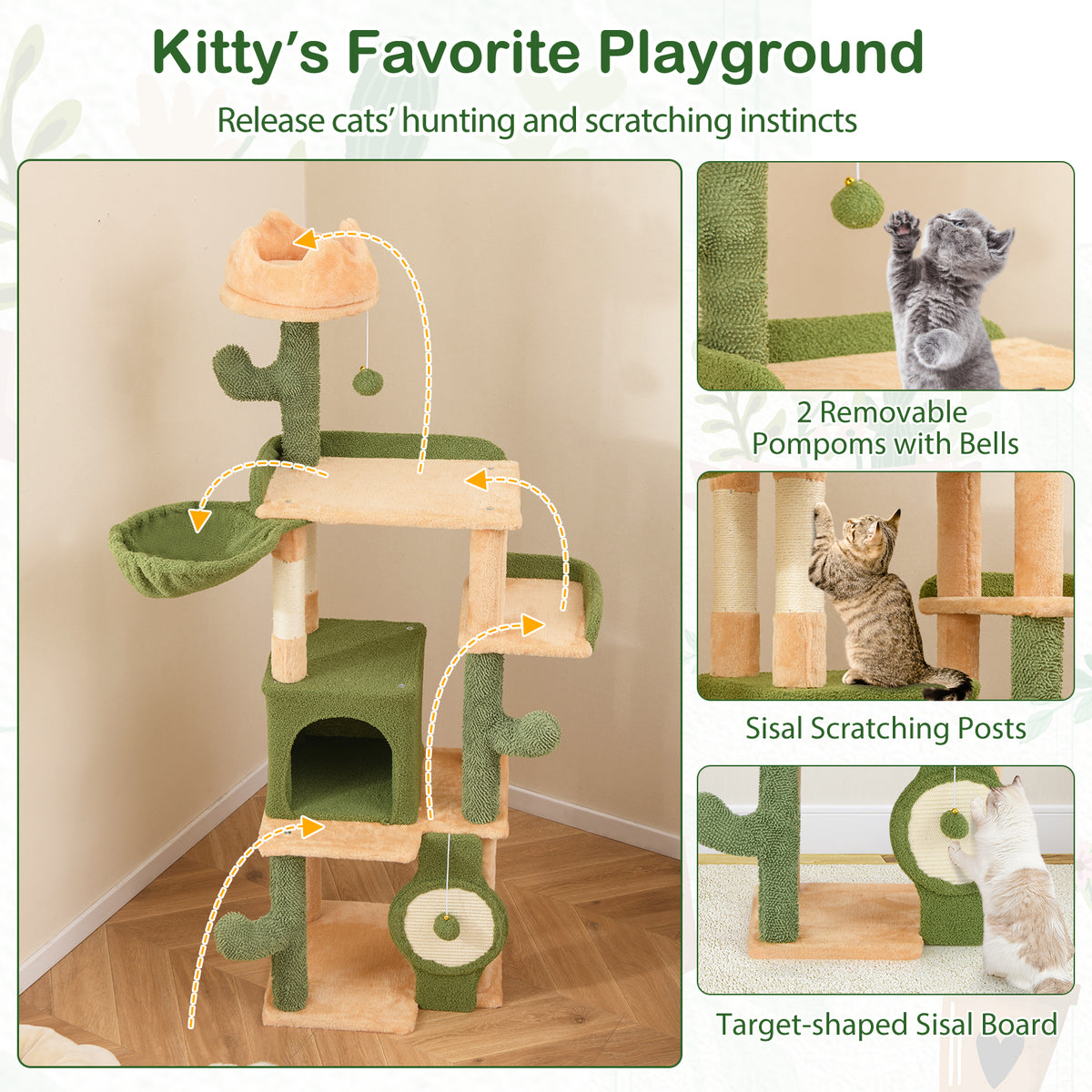 63 Inch Cactus Cat Tree with Sisal Posts & Perches for Indoor Cats - Costway
