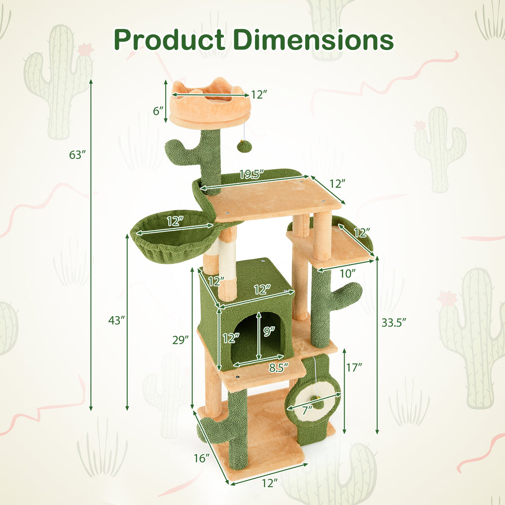 63 Inch Cactus Cat Tree with Sisal Posts & Perches for Indoor Cats - Costway