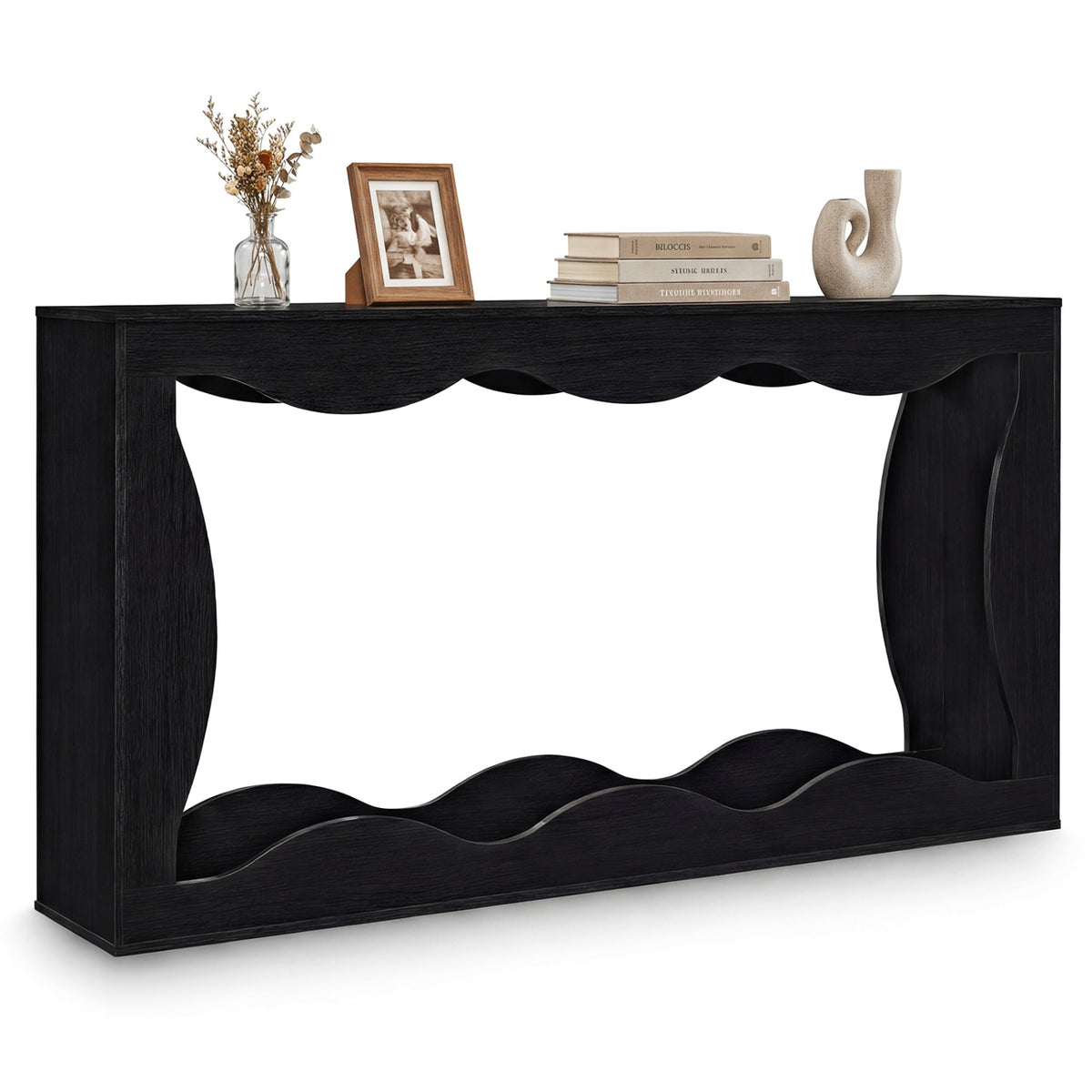 63 Inch Console Table with Wavy Edge Storage Shelf - Black
