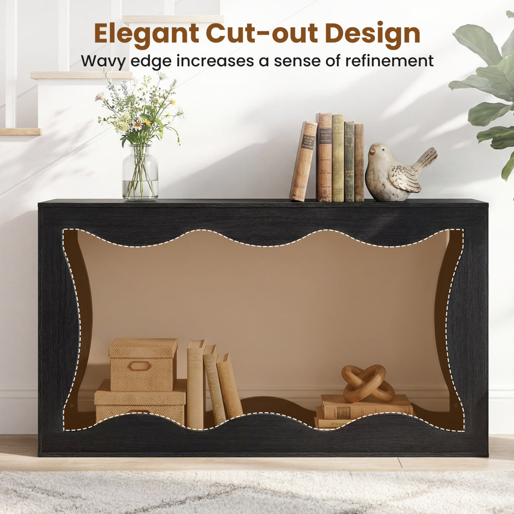 63 Inch Console Table with Wavy Edge Storage Shelf - Black