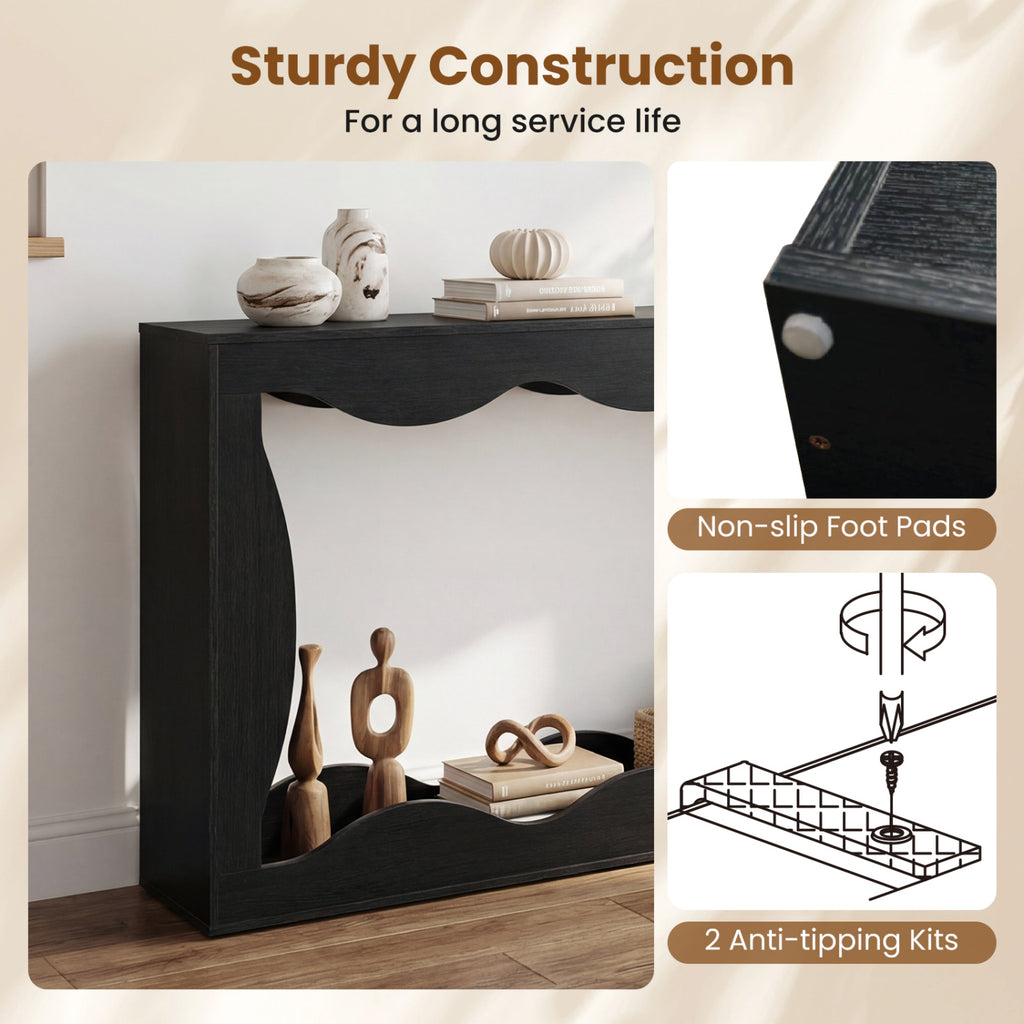 63 Inch Console Table with Wavy Edge Storage Shelf - Black