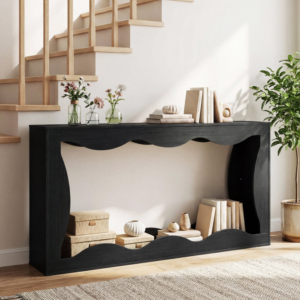 63 Inch Console Table with Wavy Edge Storage Shelf - Black