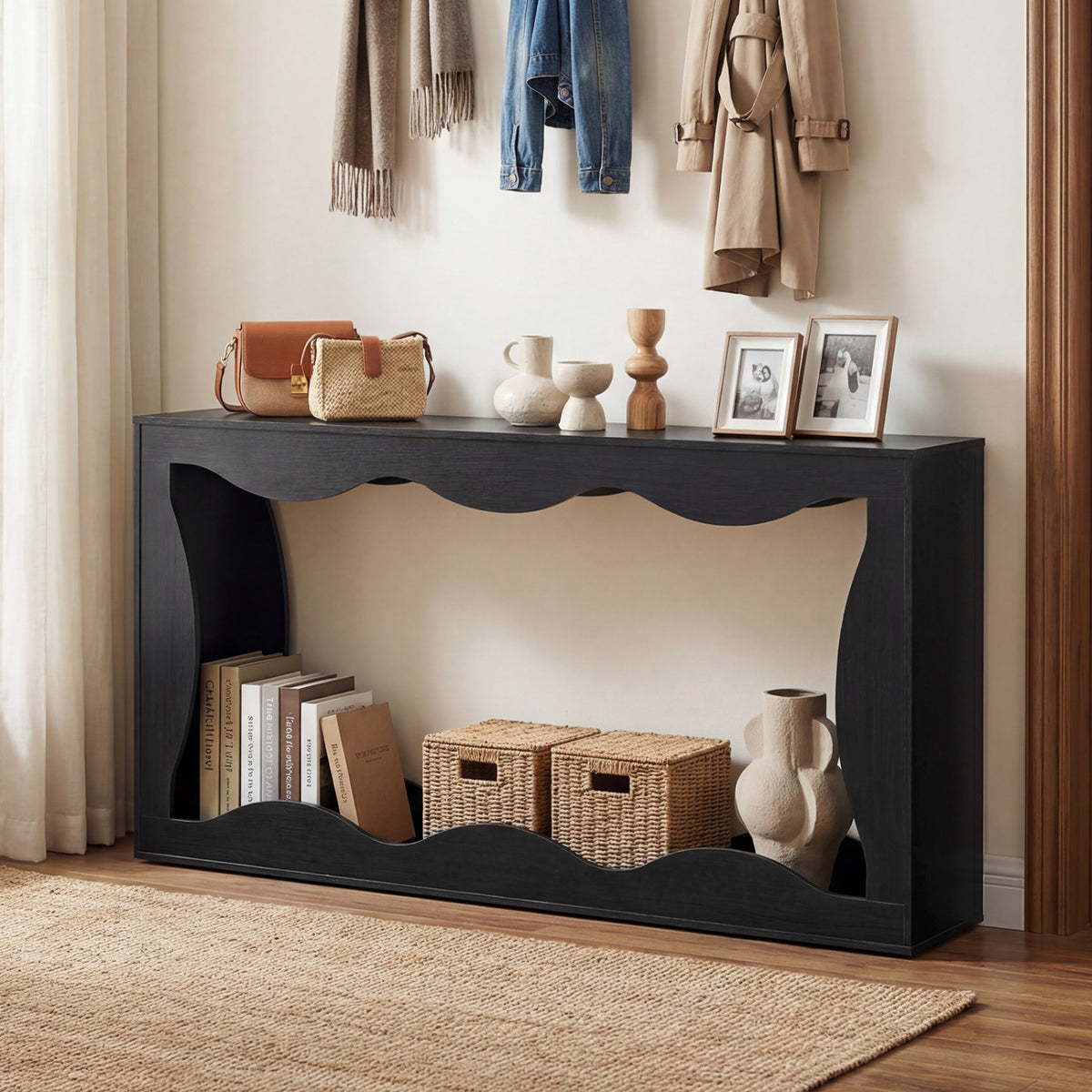 63 Inch Console Table with Wavy Edge Storage Shelf - Black