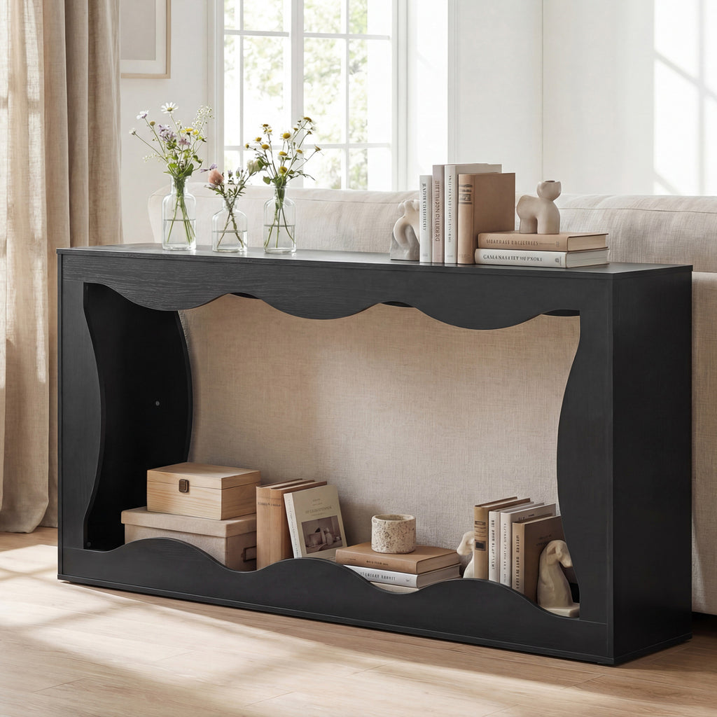 63 Inch Console Table with Wavy Edge Storage Shelf - Black
