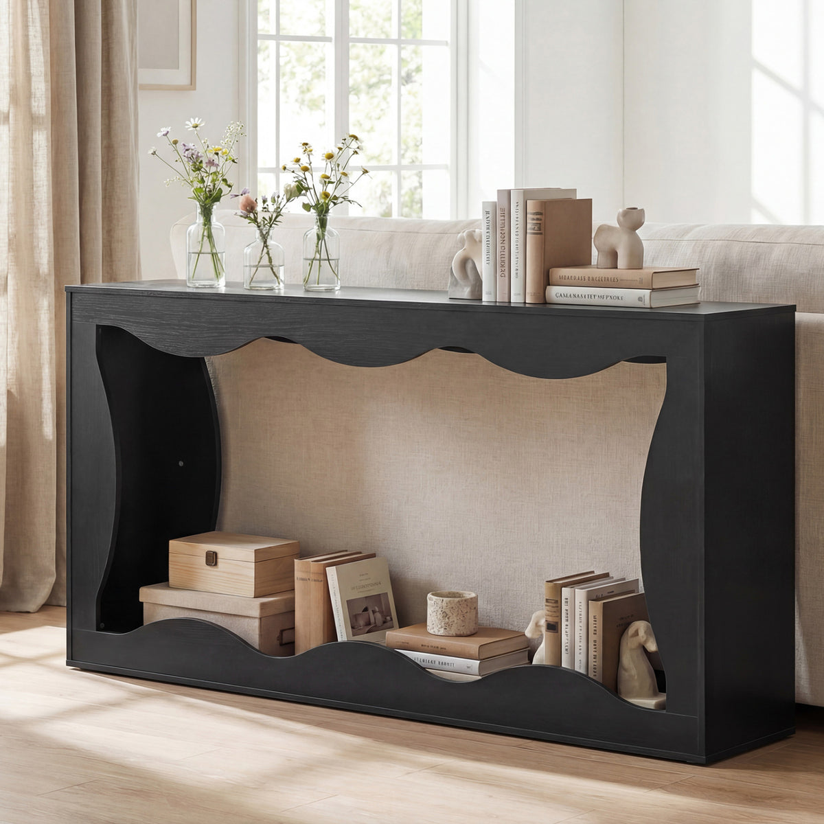 63 Inch Console Table with Wavy Edge Storage Shelf - Black
