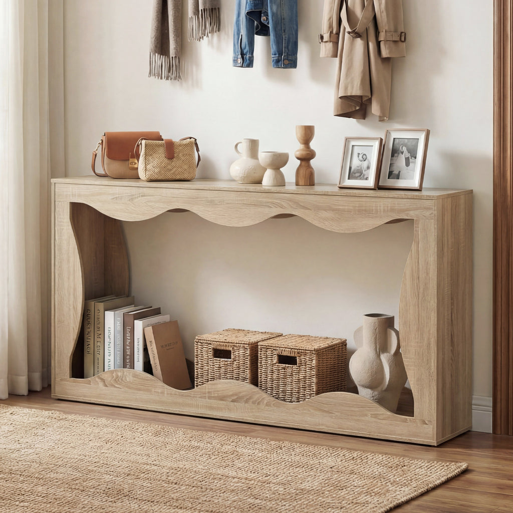63 Inch Console Table with Wavy Edge Storage Shelf - Black