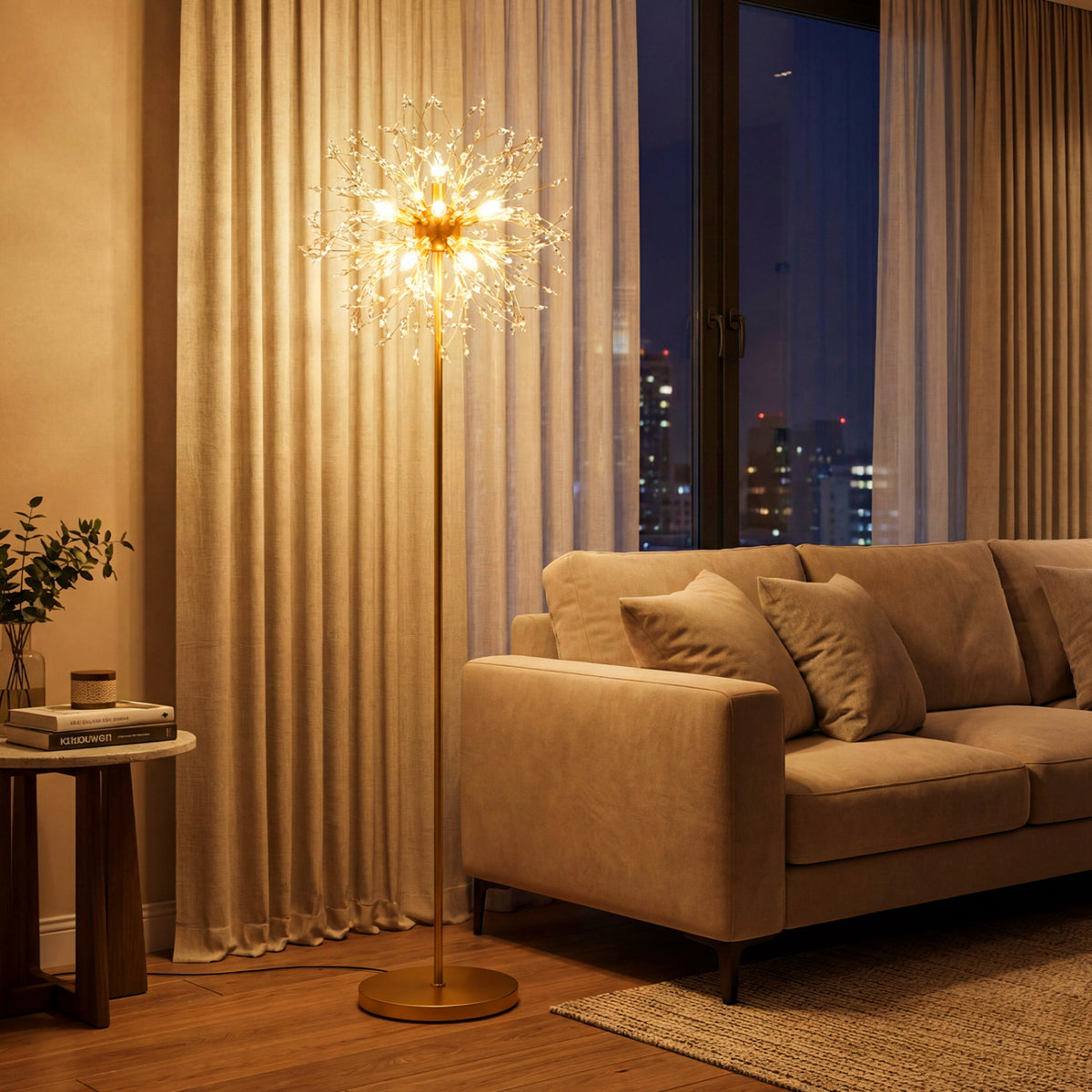 63-Inch Crystal Floor Lamp with Acrylic Crystals - Silver Finish, Modern Living Room Lighting