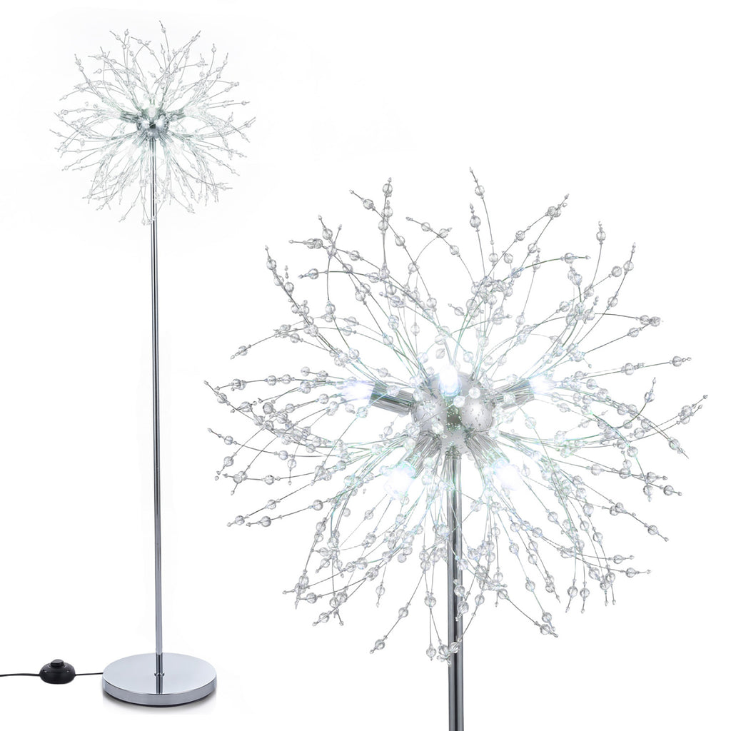 63-Inch Crystal Floor Lamp with Acrylic Crystals - Silver Finish, Modern Living Room Lighting