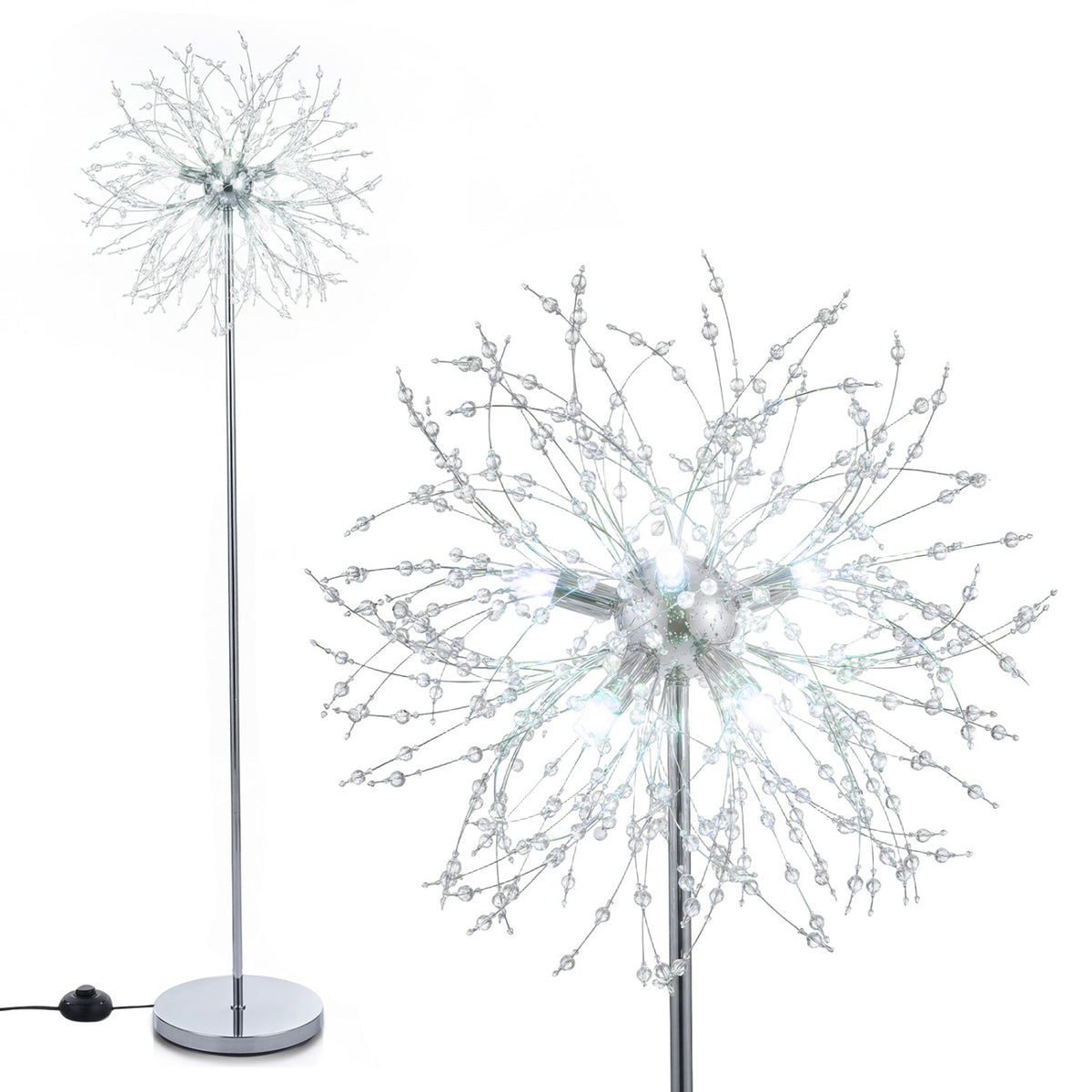 63-Inch Crystal Floor Lamp with Acrylic Crystals - Silver Finish, Modern Living Room Lighting