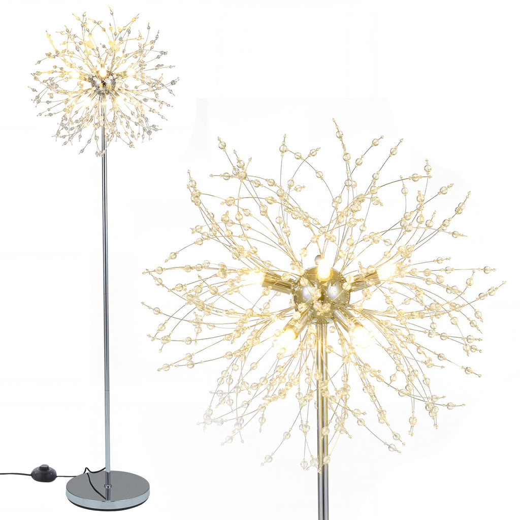 63-Inch Crystal Floor Lamp with Acrylic Crystals - Silver Finish, Modern Living Room Lighting