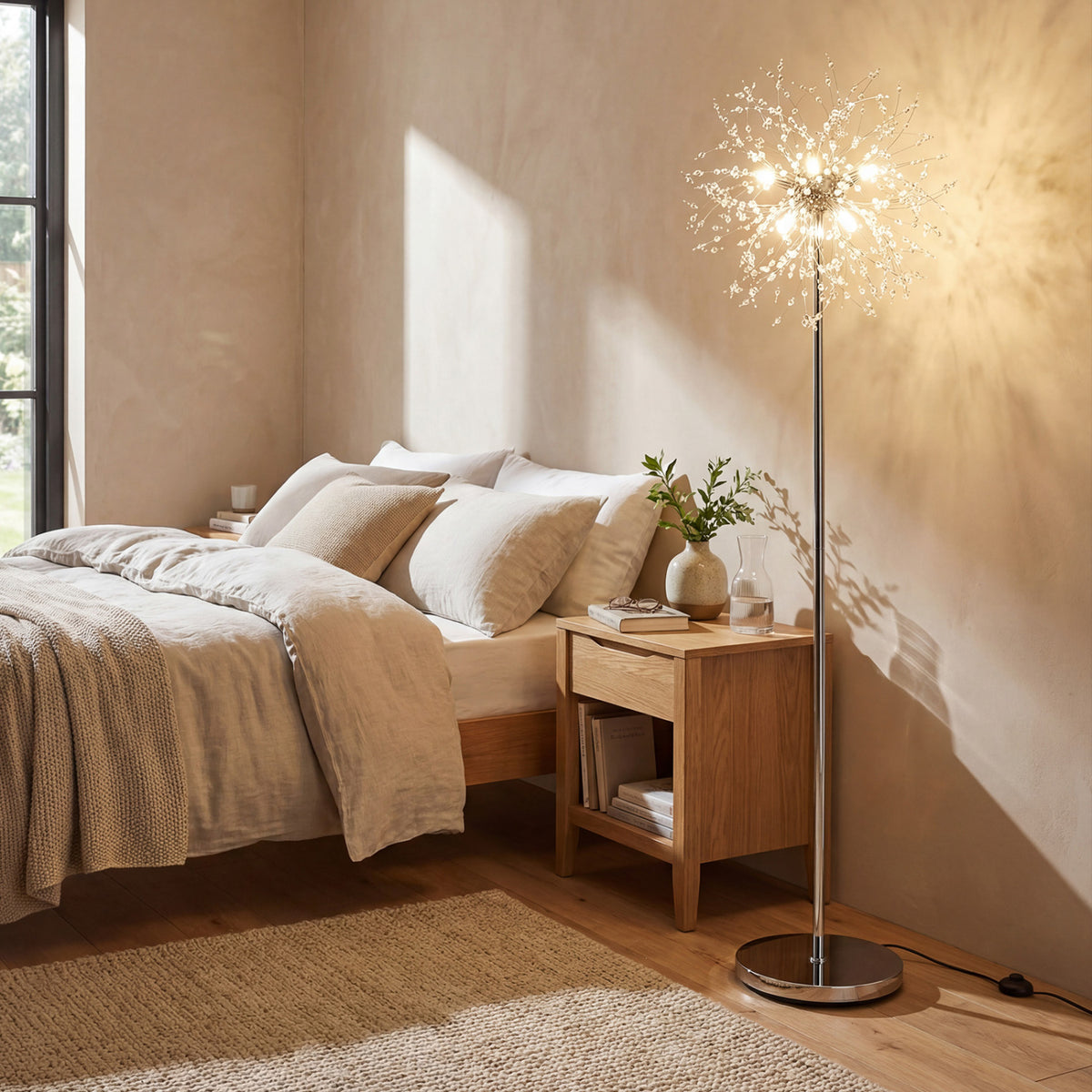 63-Inch Crystal Floor Lamp with Acrylic Crystals - Silver Finish, Modern Living Room Lighting