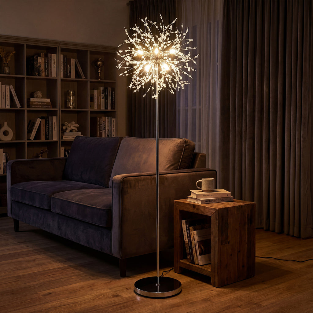 63-Inch Crystal Floor Lamp with Acrylic Crystals - Silver Finish, Modern Living Room Lighting