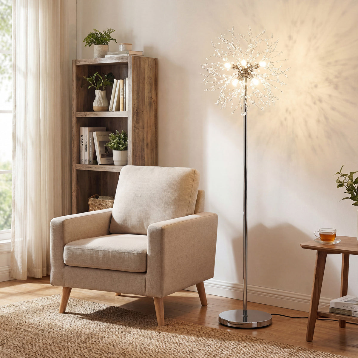 63-Inch Crystal Floor Lamp with Acrylic Crystals - Silver Finish, Modern Living Room Lighting