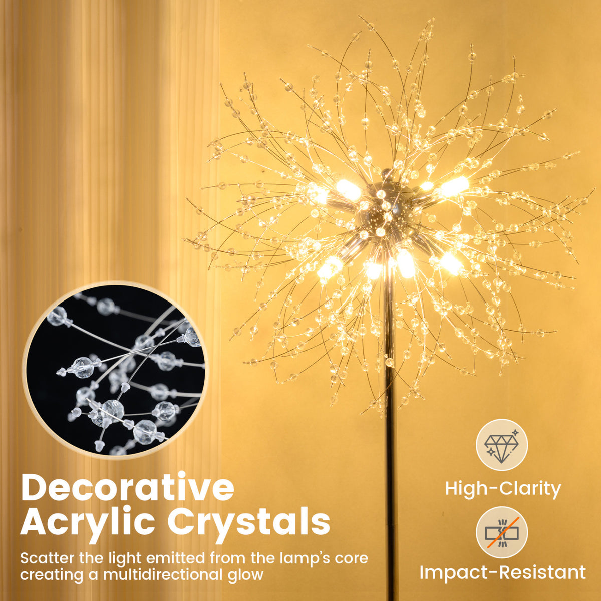 63-Inch Crystal Floor Lamp with Acrylic Crystals - Silver Finish, Modern Living Room Lighting