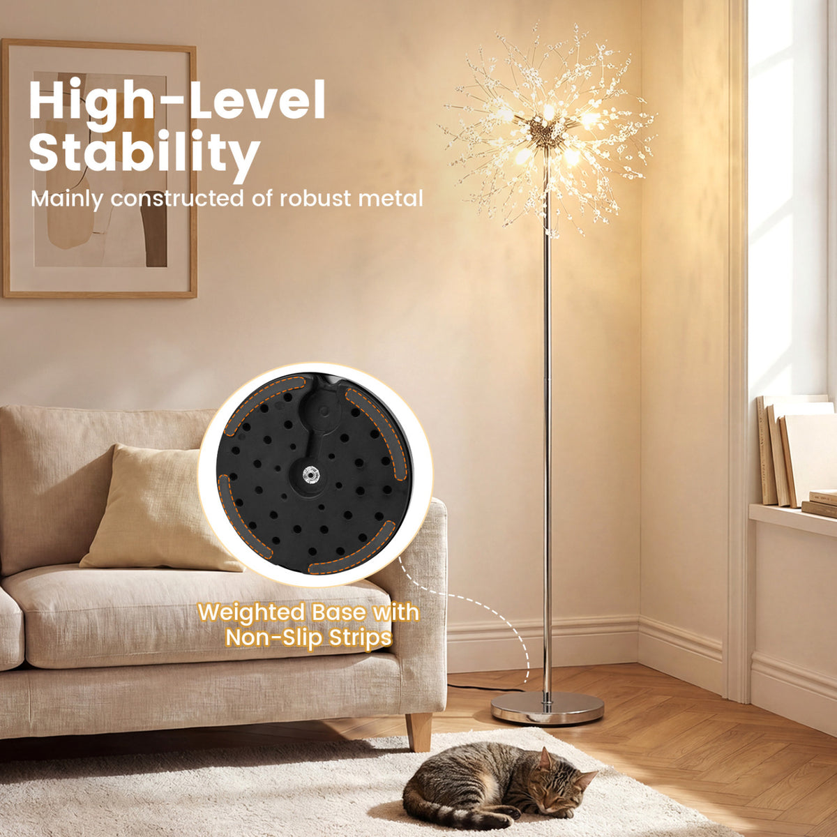 63-Inch Crystal Floor Lamp with Acrylic Crystals - Silver Finish, Modern Living Room Lighting