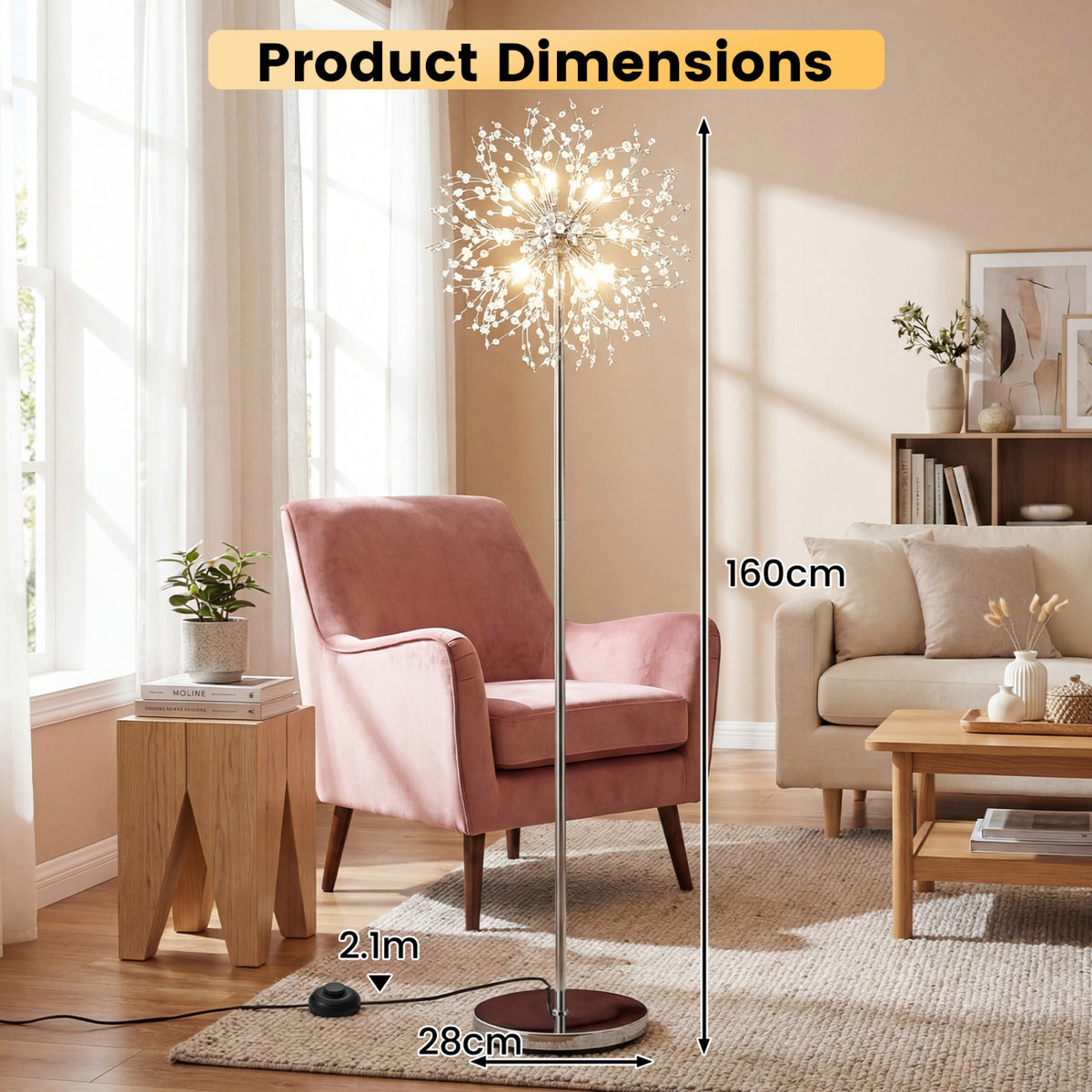 63-Inch Crystal Floor Lamp with Acrylic Crystals - Silver Finish, Modern Living Room Lighting