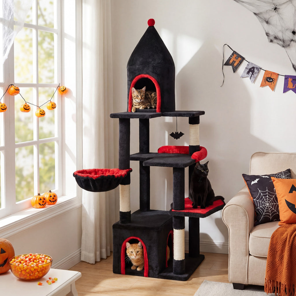 Black 63-Inch Gothic Cat Tree with Condo and Top Cave for Large Cats