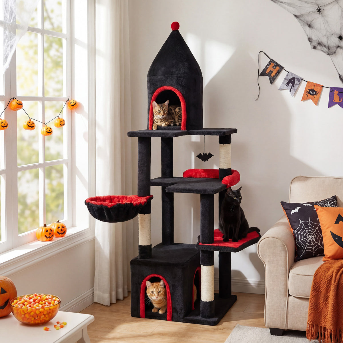 Black 63-Inch Gothic Cat Tree with Condo and Top Cave for Large Cats