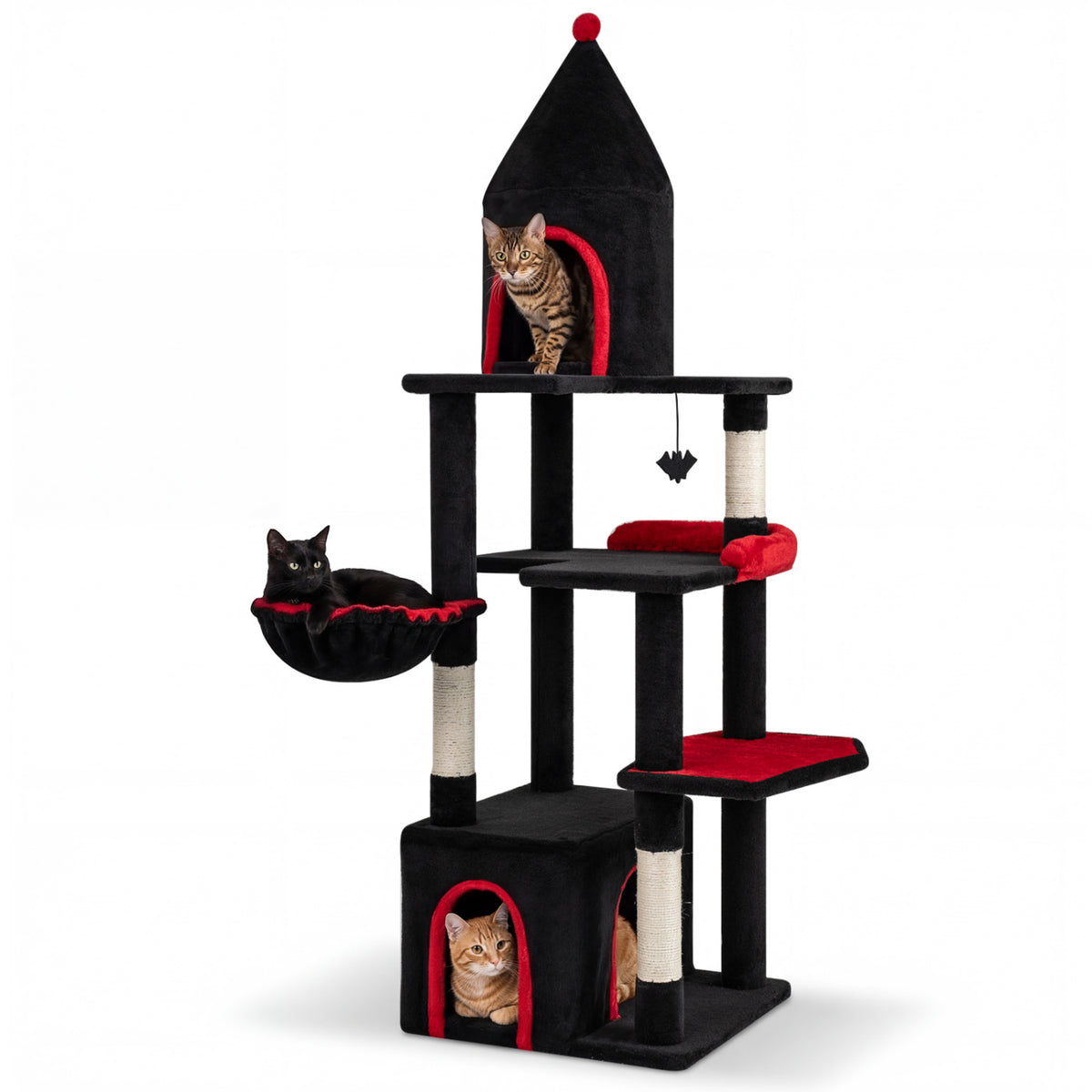 Black 63-Inch Gothic Cat Tree with Condo and Top Cave for Large Cats