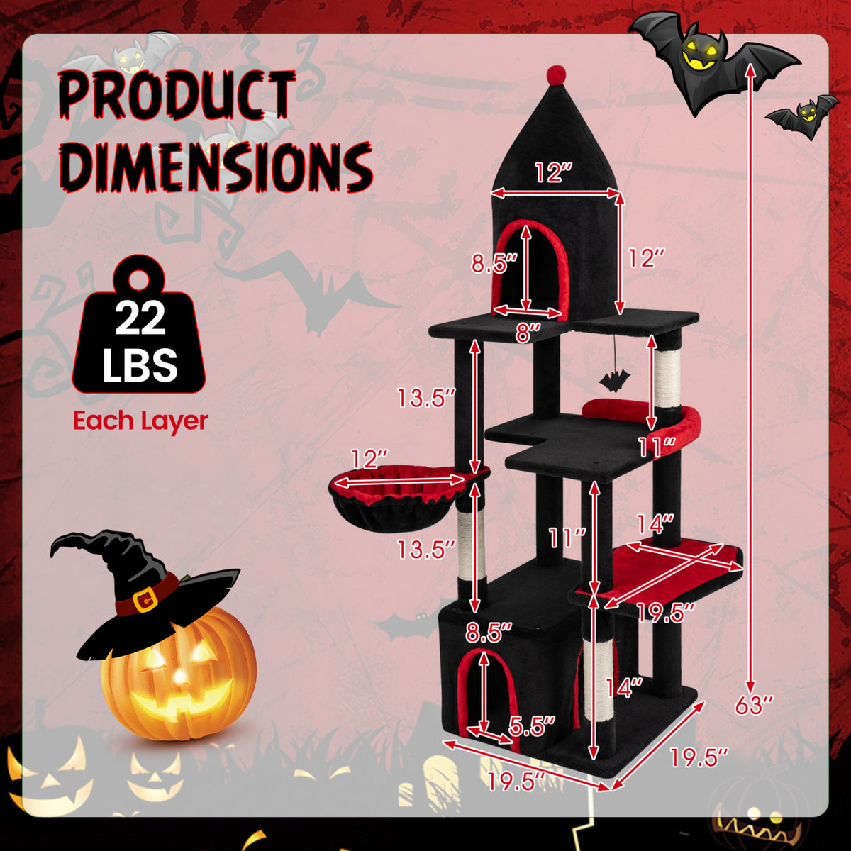 Black 63-Inch Gothic Cat Tree with Condo and Top Cave for Large Cats