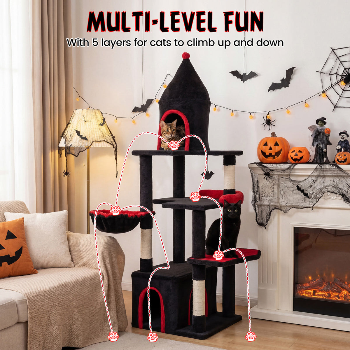 Black 63-Inch Gothic Cat Tree with Condo and Top Cave for Large Cats