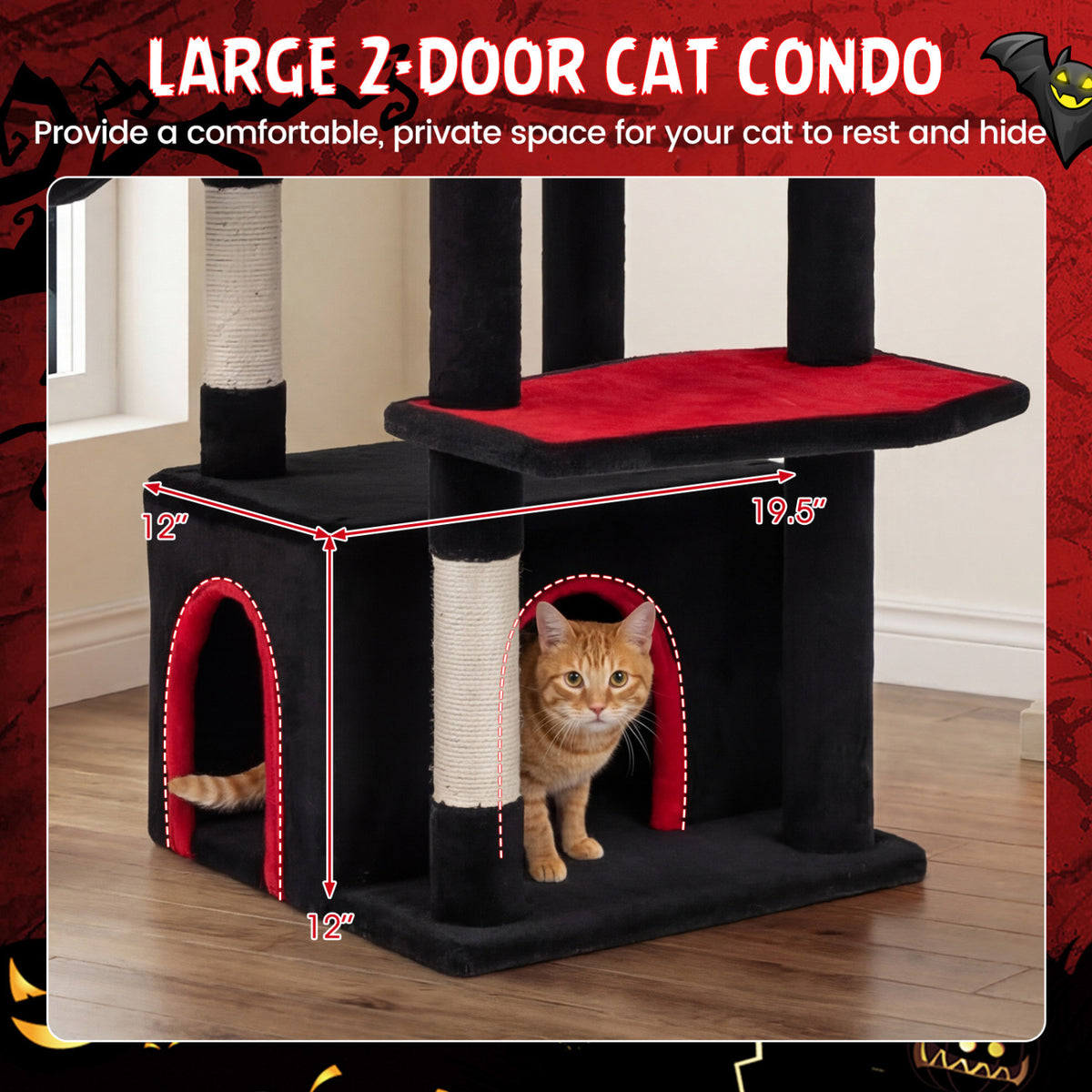 Black 63-Inch Gothic Cat Tree with Condo and Top Cave for Large Cats